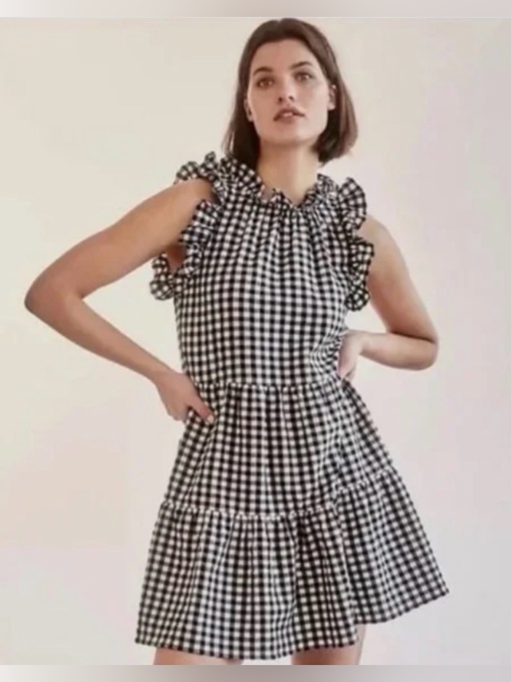 Anthropologie Maeve Black and White Gingham Ruffle Tiered Mini Dress size xsp